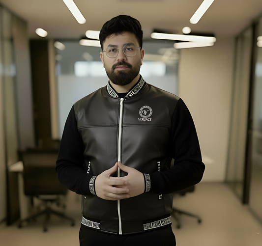 Men's Athletic-Fit Zip Jacket with Leather Look Front and Mock Collar