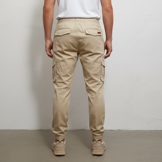 Men’s Slim-Fit Sand Cargo Joggers – 6-Pocket Utility Trousers