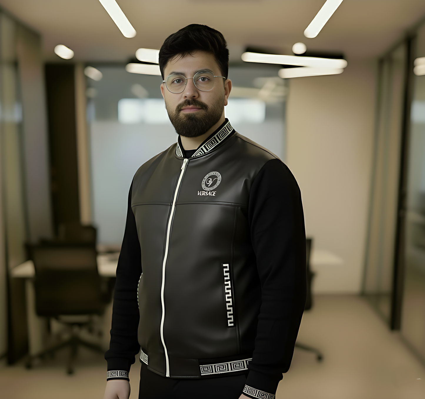 Men's Athletic-Fit Zip Jacket with Leather Look Front and Mock Collar