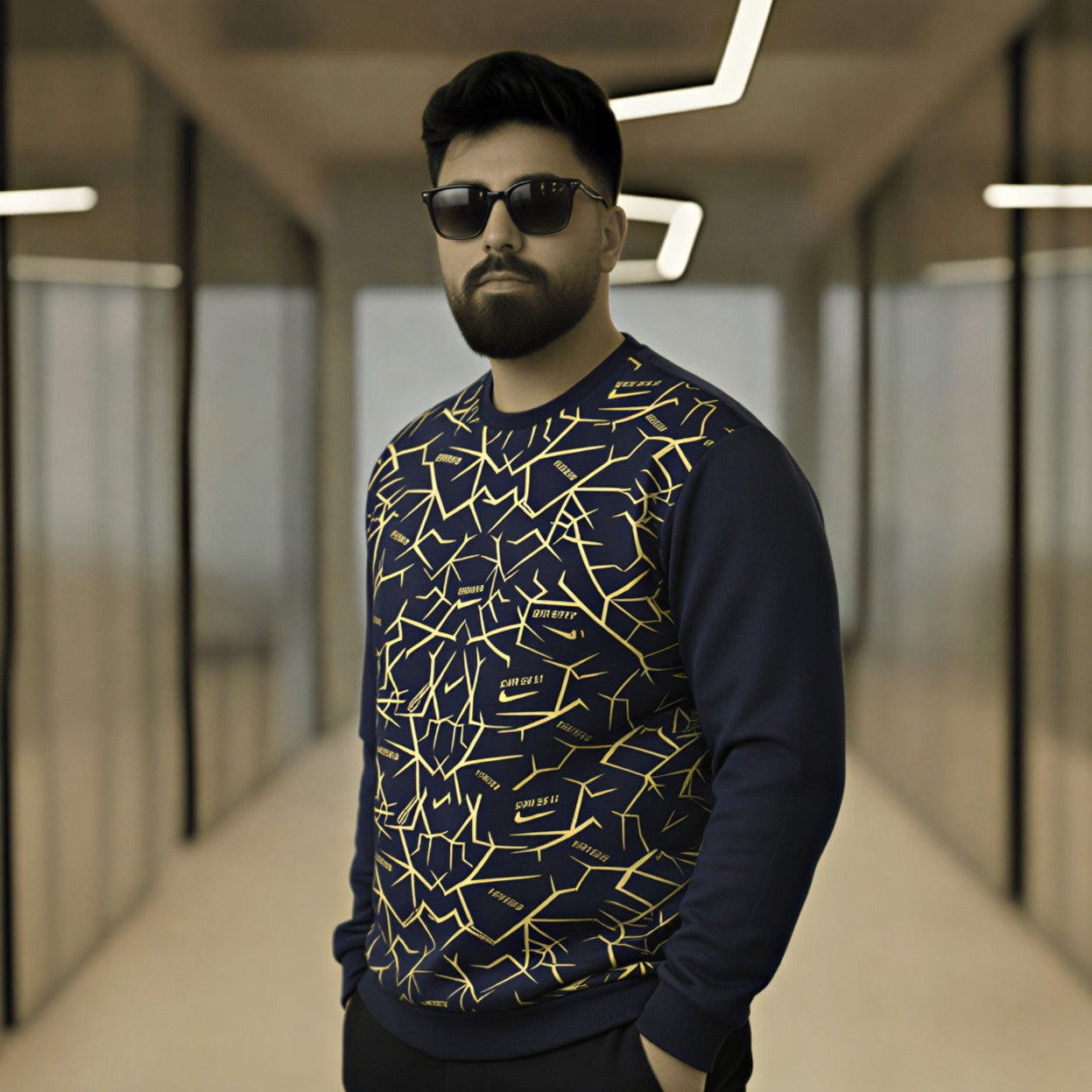Men's Navy & Gold Geometric Graphic Crewneck Sweatshirt