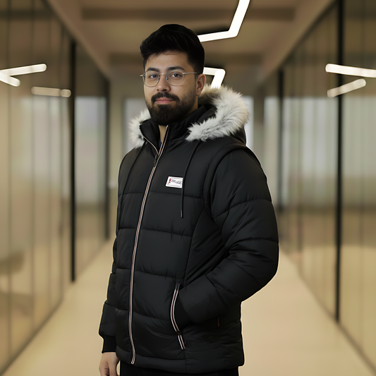 Men's Warm Black Insulated Jacket with Detachable Faux Fur Hood & Sleeves | Waterproof Winter Coat