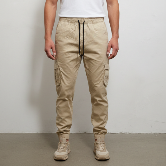 Men’s Slim-Fit Sand Cargo Joggers – 6-Pocket Utility Trousers