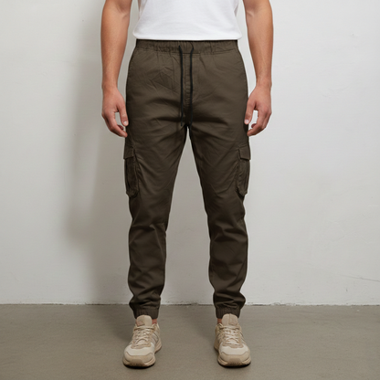 Men’s Slim-Fit Olive Khaki Cargo Joggers – 6-Pocket Utility Trousers