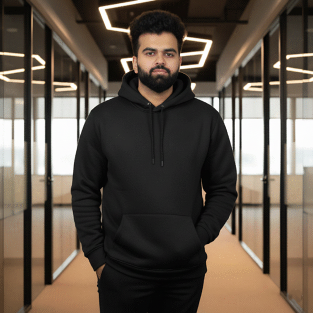 Premium Black Wool Blend Hoodie with Warm Sherpa Lining