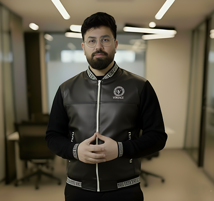 Men's Athletic-Fit Zip Jacket with Leather Look Front and Mock Collar