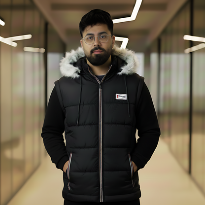 Men's Warm Black Insulated Jacket with Detachable Faux Fur Hood & Sleeves | Waterproof Winter Coat