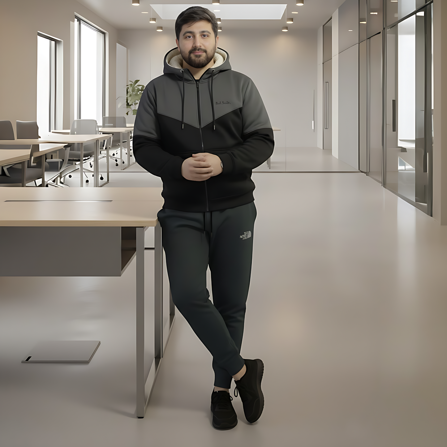 Warm & Stylish Men's Charcoal | Black Wool Blend Tracksuit