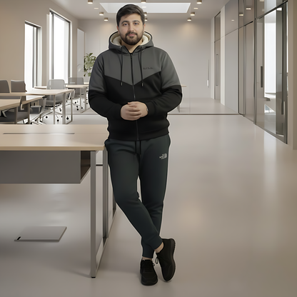 Warm & Stylish Men's Charcoal | Black Wool Blend Tracksuit