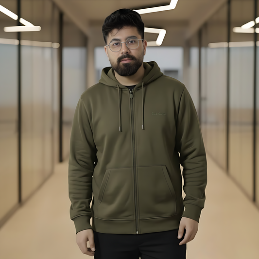 Men’s Winter Heavyweight Cotton Full-Zip Hoodie – Olive Green