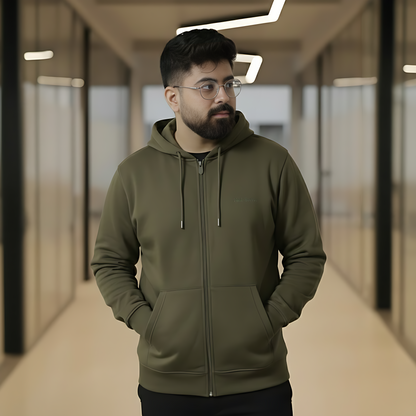Men’s Winter Heavyweight Cotton Full-Zip Hoodie – Olive Green