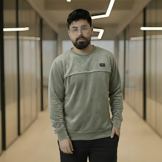Men's Sage Green Velvet Crew Neck Sweatshirt
