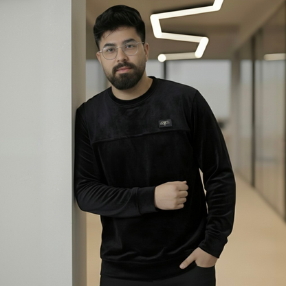 Men's Plush Black Velvet Crew Neck Sweatshirt