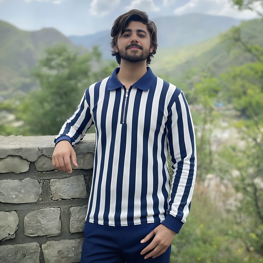 Men's Blue & White Vertical Striped Quarter-Zip Collared Knit Sweat Shirt