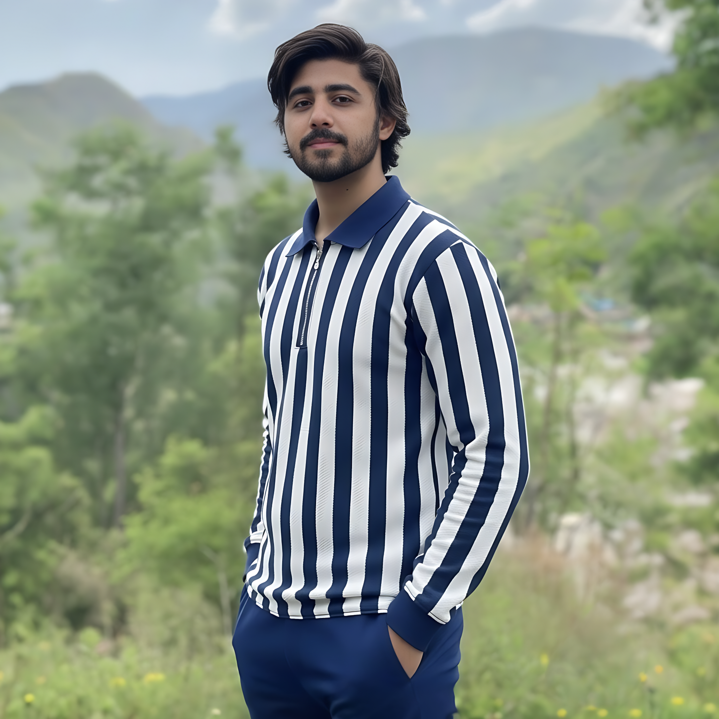 Men's Blue & White Vertical Striped Quarter-Zip Collared Knit Sweat Shirt