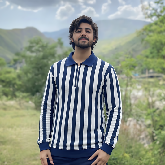 Men's Blue & White Vertical Striped Quarter-Zip Collared Knit Sweat Shirt