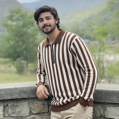 Men's Brown & White Vertical Striped Quarter-Zip Collared Knit Sweat Shirt