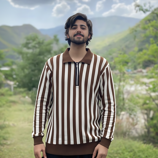 Men's Brown & White Vertical Striped Quarter-Zip Collared Knit Sweat Shirt