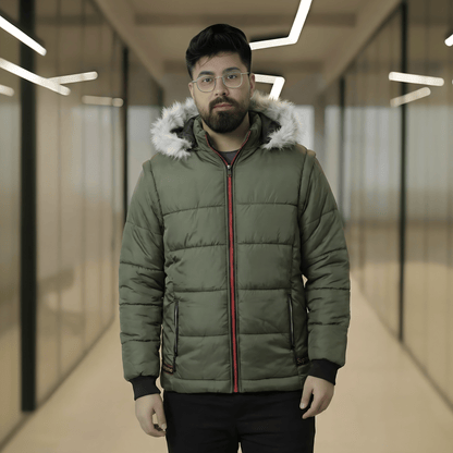 Men's Warm Insulated Jacket with Detachable Faux Fur Hood& Sleeves | Waterproof Winter Coat