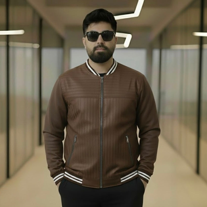 Men’s Brown Striped Varsity Bomber Jacket – Leather Casual Coat