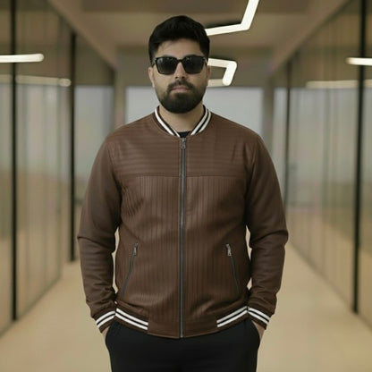 Men’s Brown Striped Varsity Bomber Jacket – Leather Casual Coat