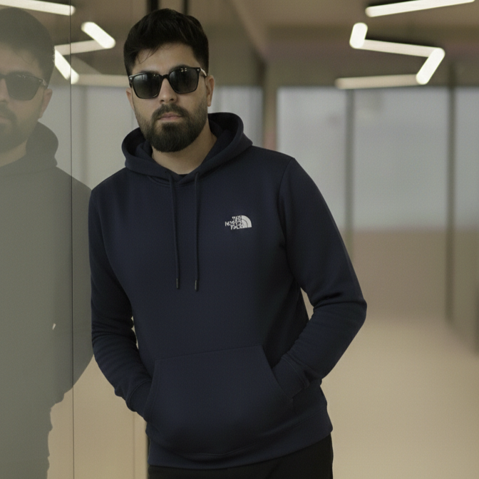 Premium Navy Blue Wool Blend Hoodie with Warm Sherpa Lining