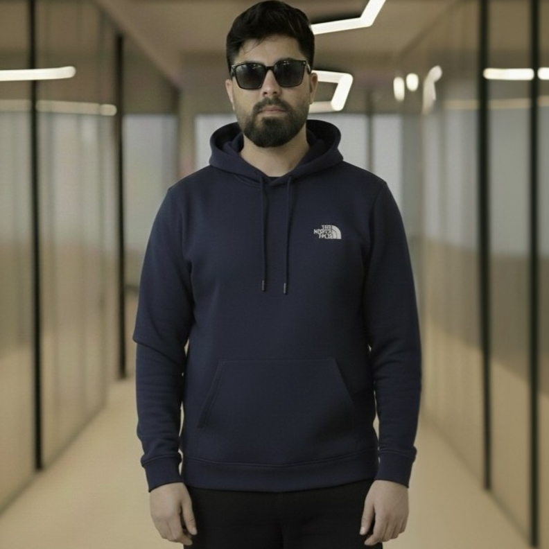 Premium Navy Blue Wool Blend Hoodie with Warm Sherpa Lining