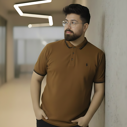 Polo Shirt with Contrast Tipping Earth Tone Brown