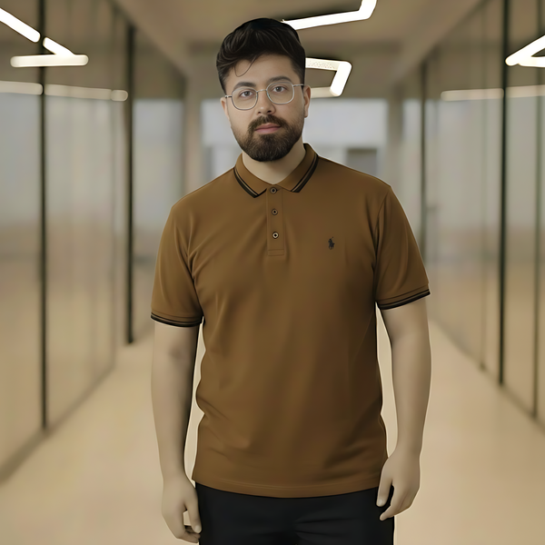 Polo Shirt with Contrast Tipping Earth Tone Brown