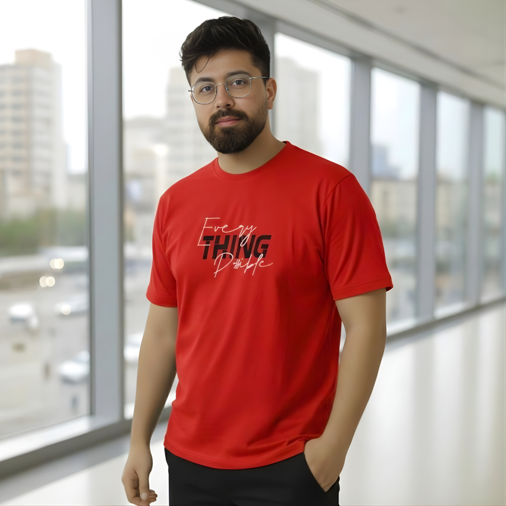 Men’s Crimson Red Motivational Graphic Tee – "Everything Possible" Edition