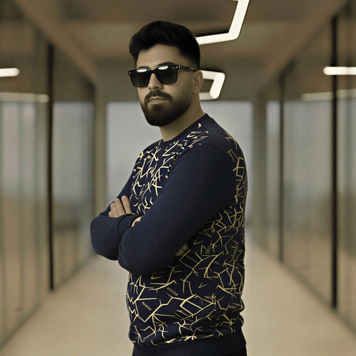 Men's Navy & Gold Geometric Graphic Crewneck Sweatshirt