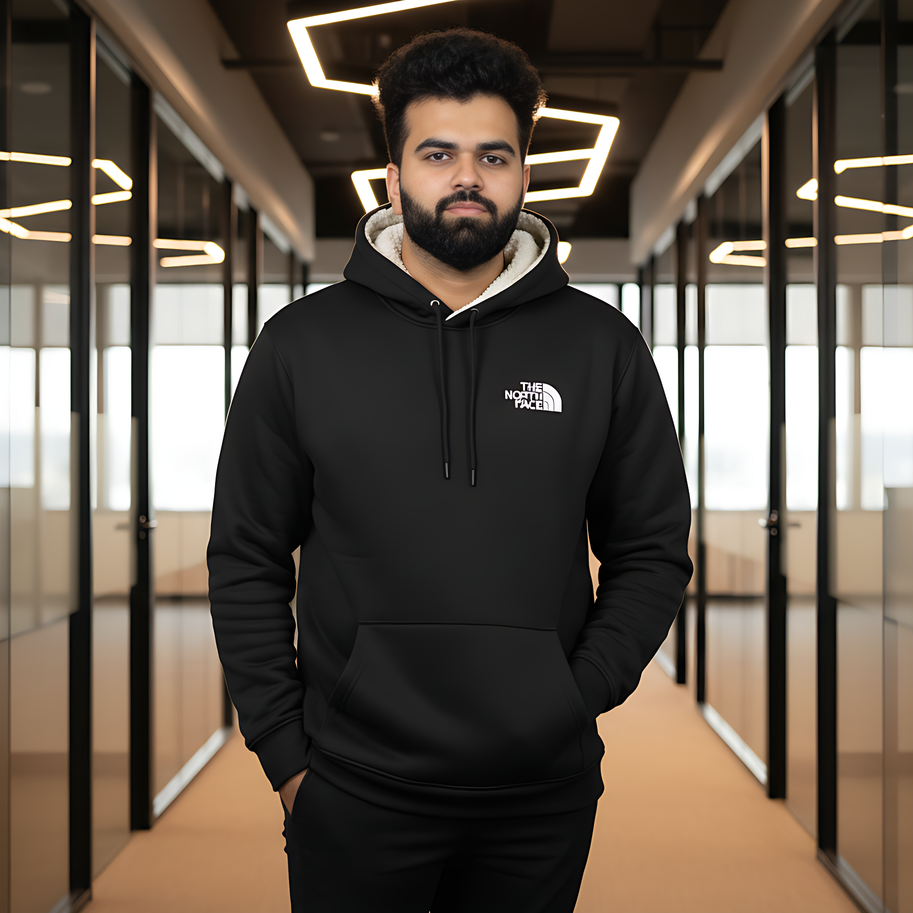 Premium Black Wool Blend Hoodie with Warm Sherpa Lining - Image 3