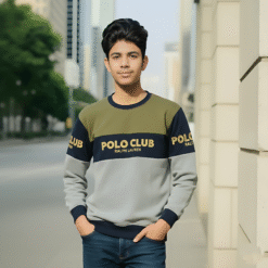 Cotton Wool Blend Men's Sweatshirt with Green Color Block Design - Winter Crewneck