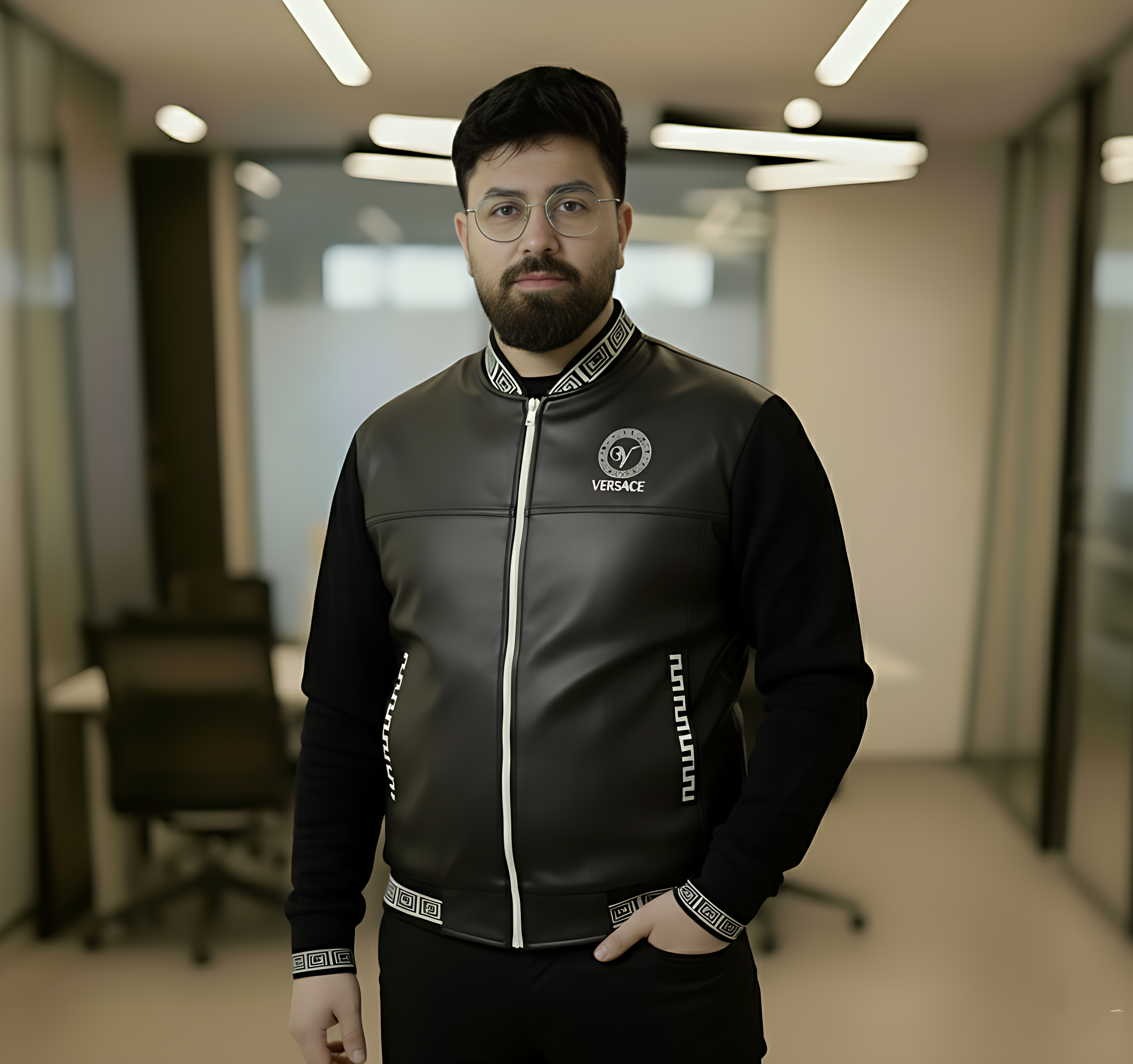 Men's Athletic-Fit Zip Jacket with Leather Look Front and Mock Collar