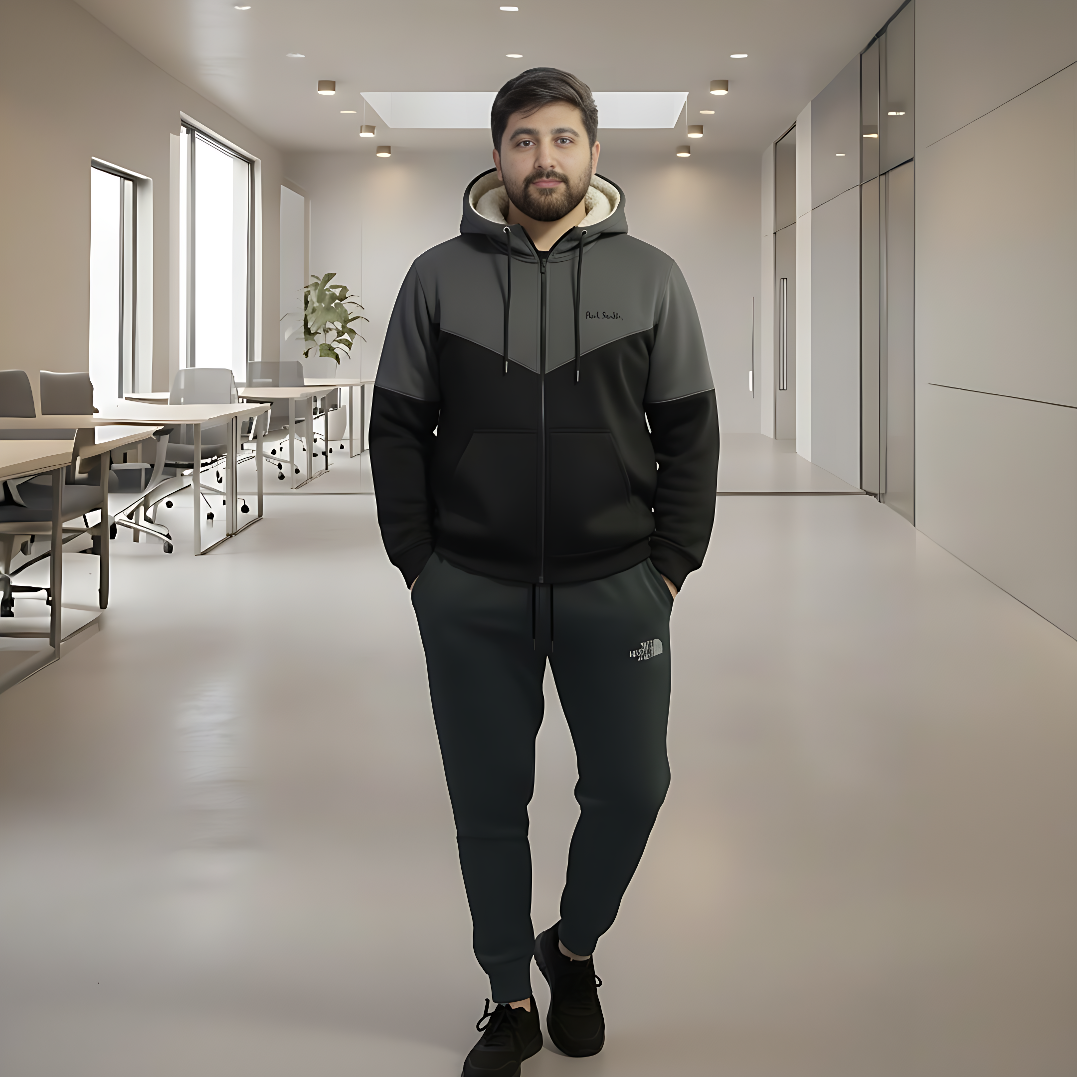 Warm & Stylish Men's Charcoal | Black Wool Blend Tracksuit - Image 2