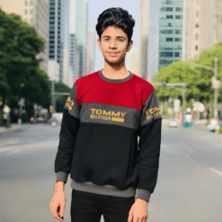 Cotton Wool Blend Men's Sweatshirt with Red Color Block Design - Winter Crewneck