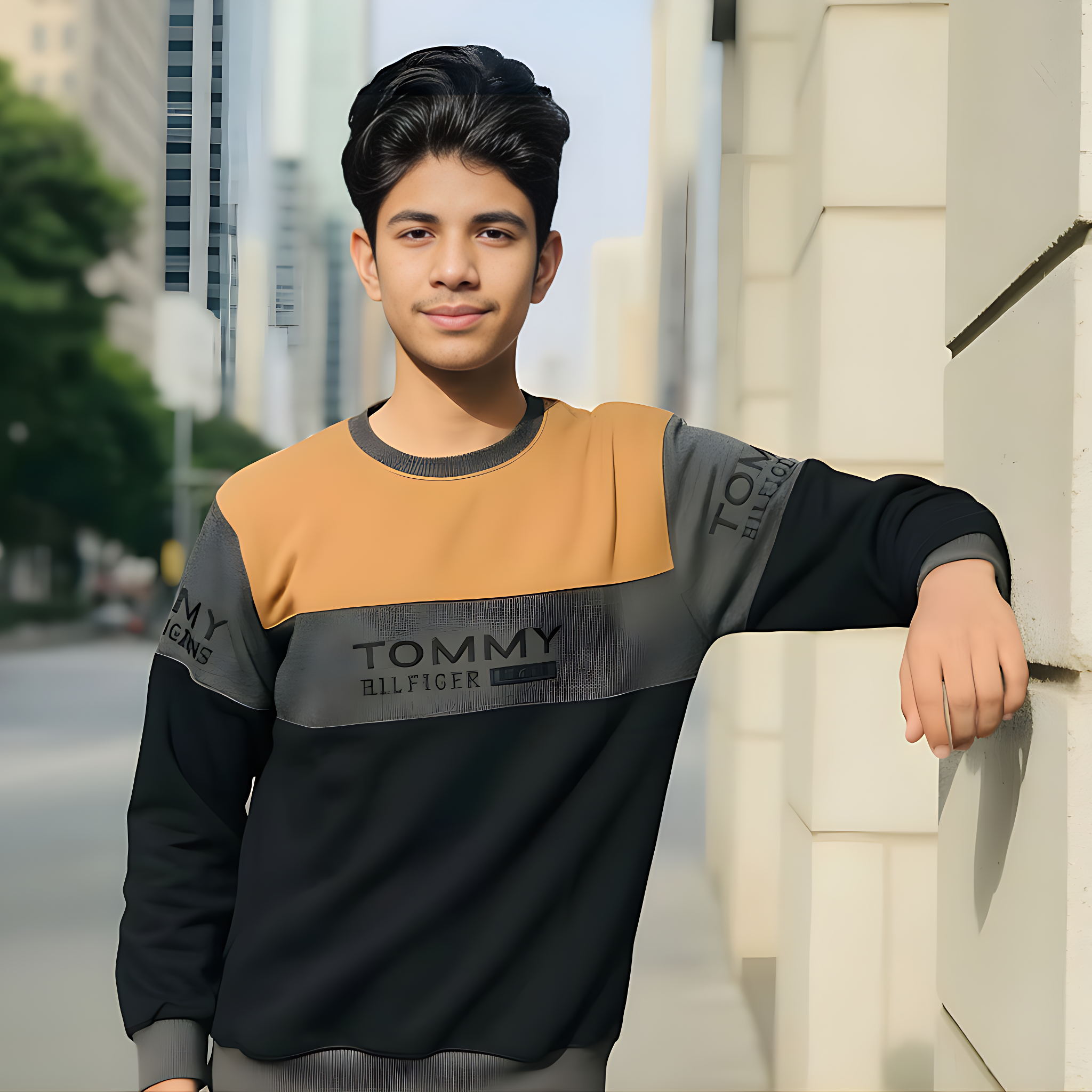 Cotton Wool Blend Men's Sweatshirt with Camel Color Block Design - Winter Crewneck - Image 2