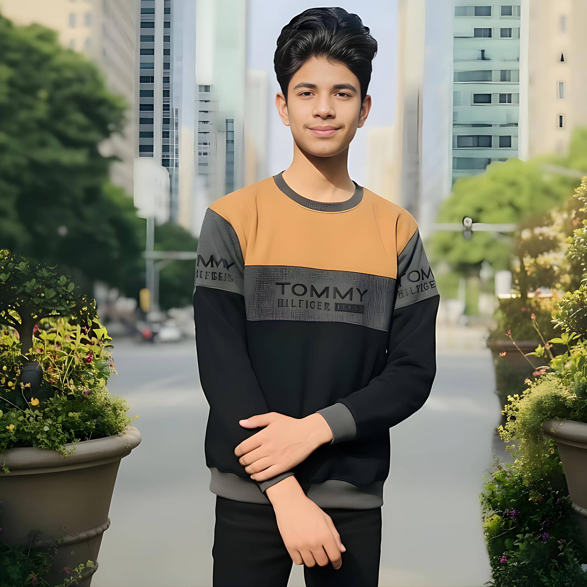 Cotton Wool Blend Men's Sweatshirt with Camel Color Block Design - Winter Crewneck - Image 3