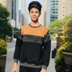 Cotton Wool Blend Men's Sweatshirt with Camel Color Block Design - Winter Crewneck