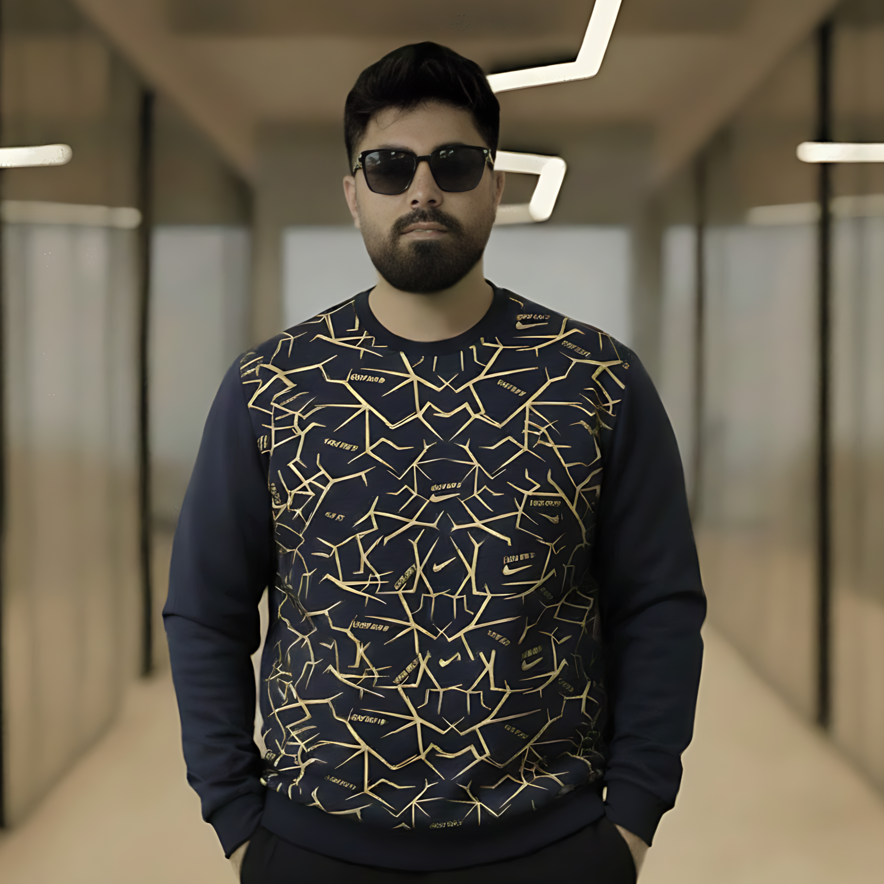 Men's Navy & Gold Geometric Graphic Crewneck Sweatshirt