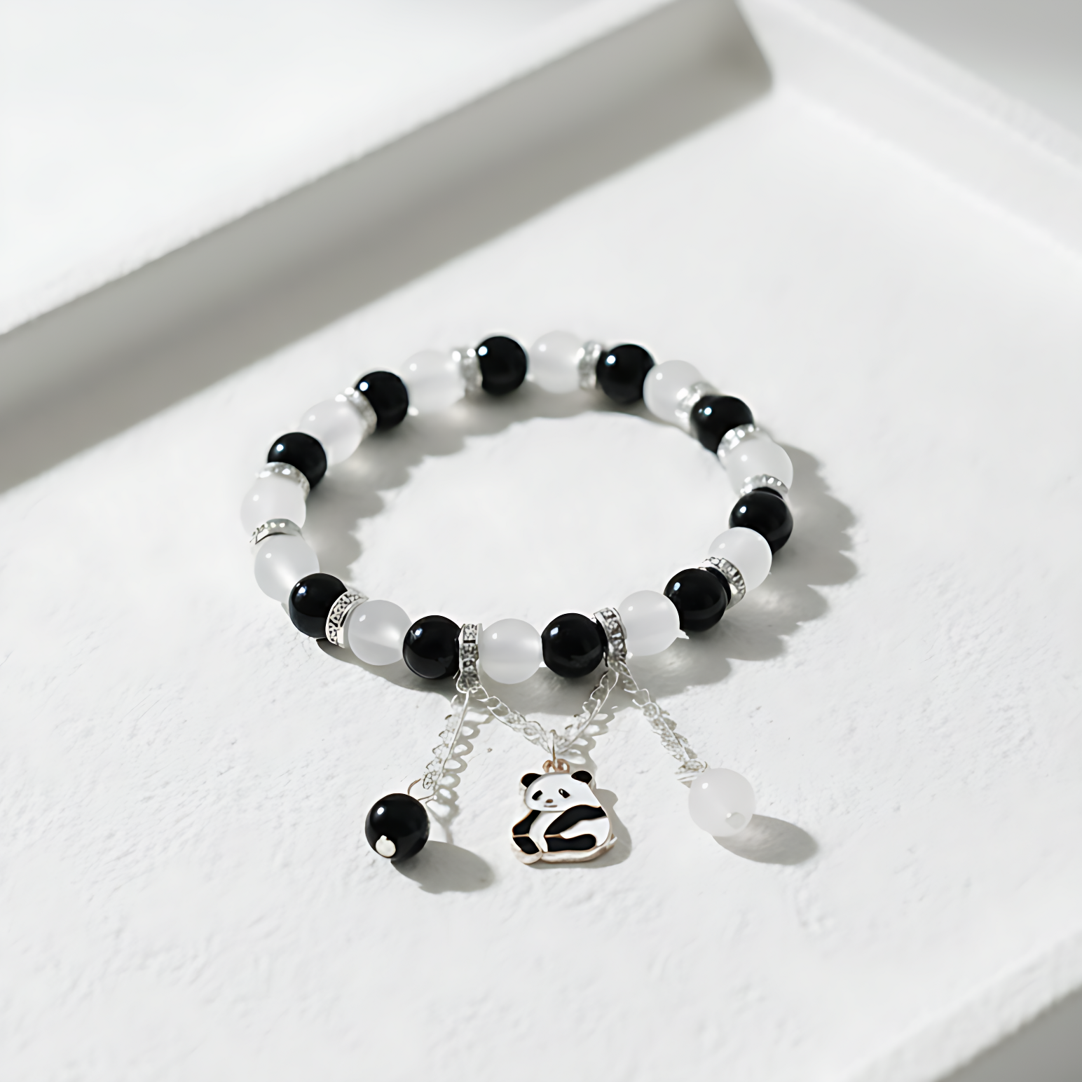 Panda Charm Beaded Stretch Bracelet | Black & White with Rhinestone Accents