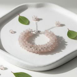 Pink Beaded Cuff Bracelet with Silver Chain Accents