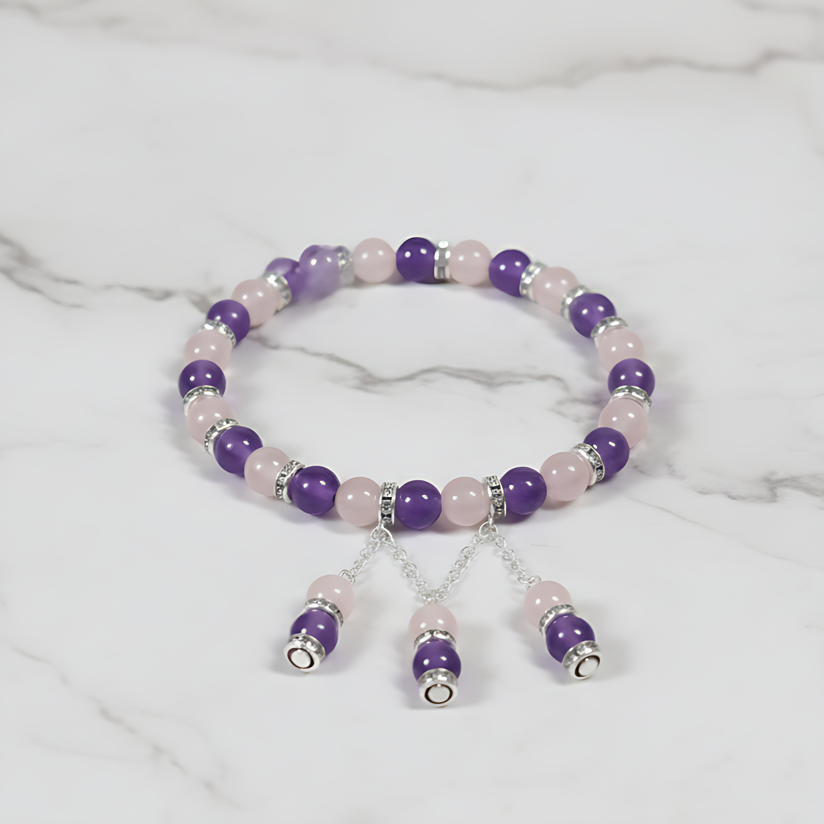 Purple & Pink Beaded Charm Bracelet with Silver Accents