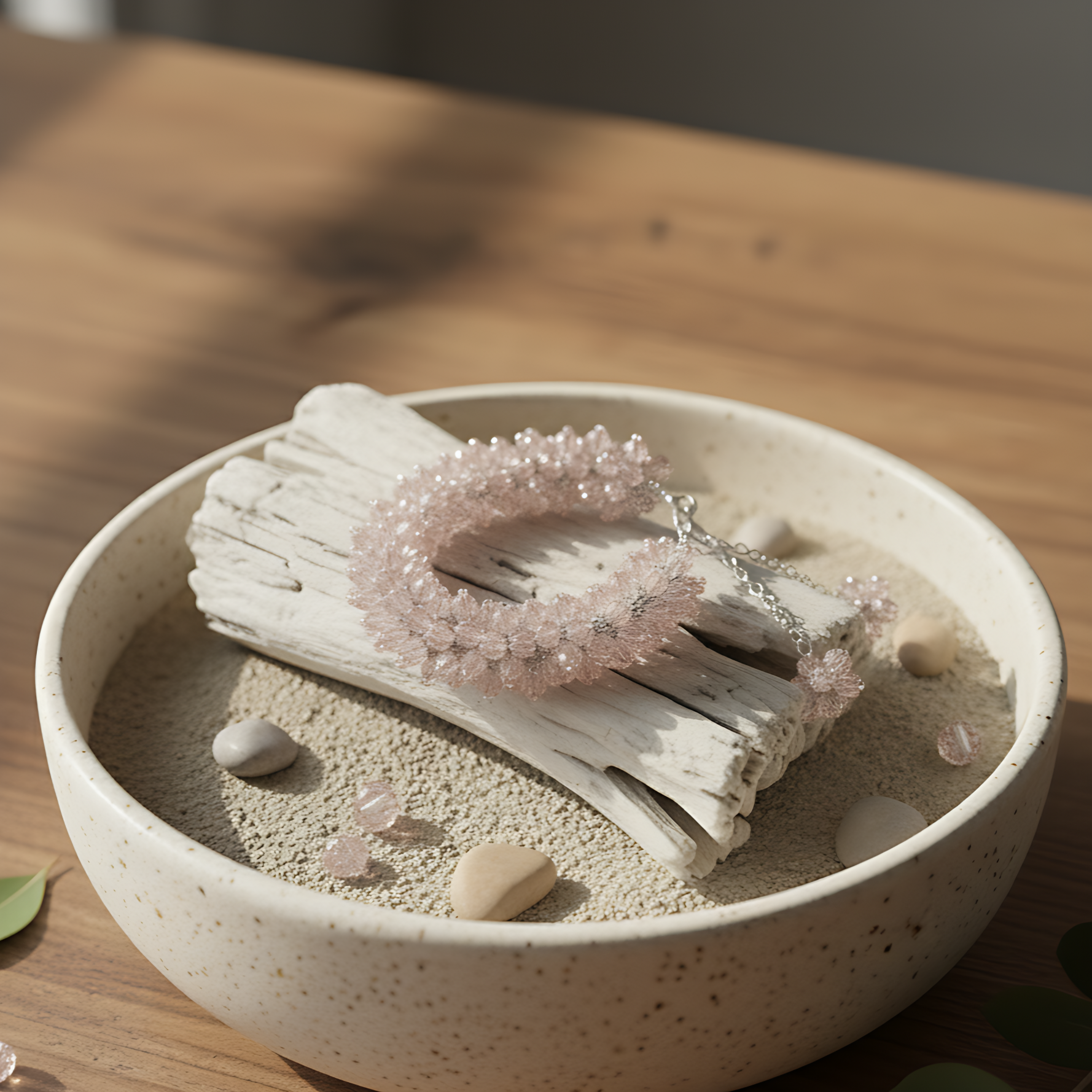 Pink Beaded Cuff Bracelet with Silver Chain Accents - Image 3