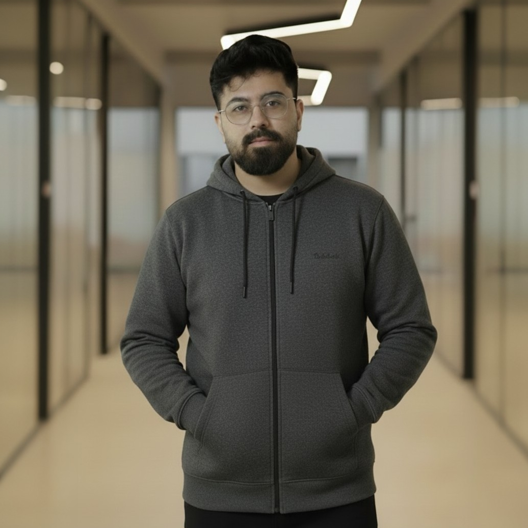 Men’s Winter Heavyweight Cotton Full-Zip Hoodie – Charcoal Grey - Image 2