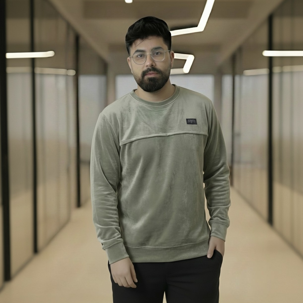 Men's Sage Green Velvet Crew Neck Sweatshirt - Image 2