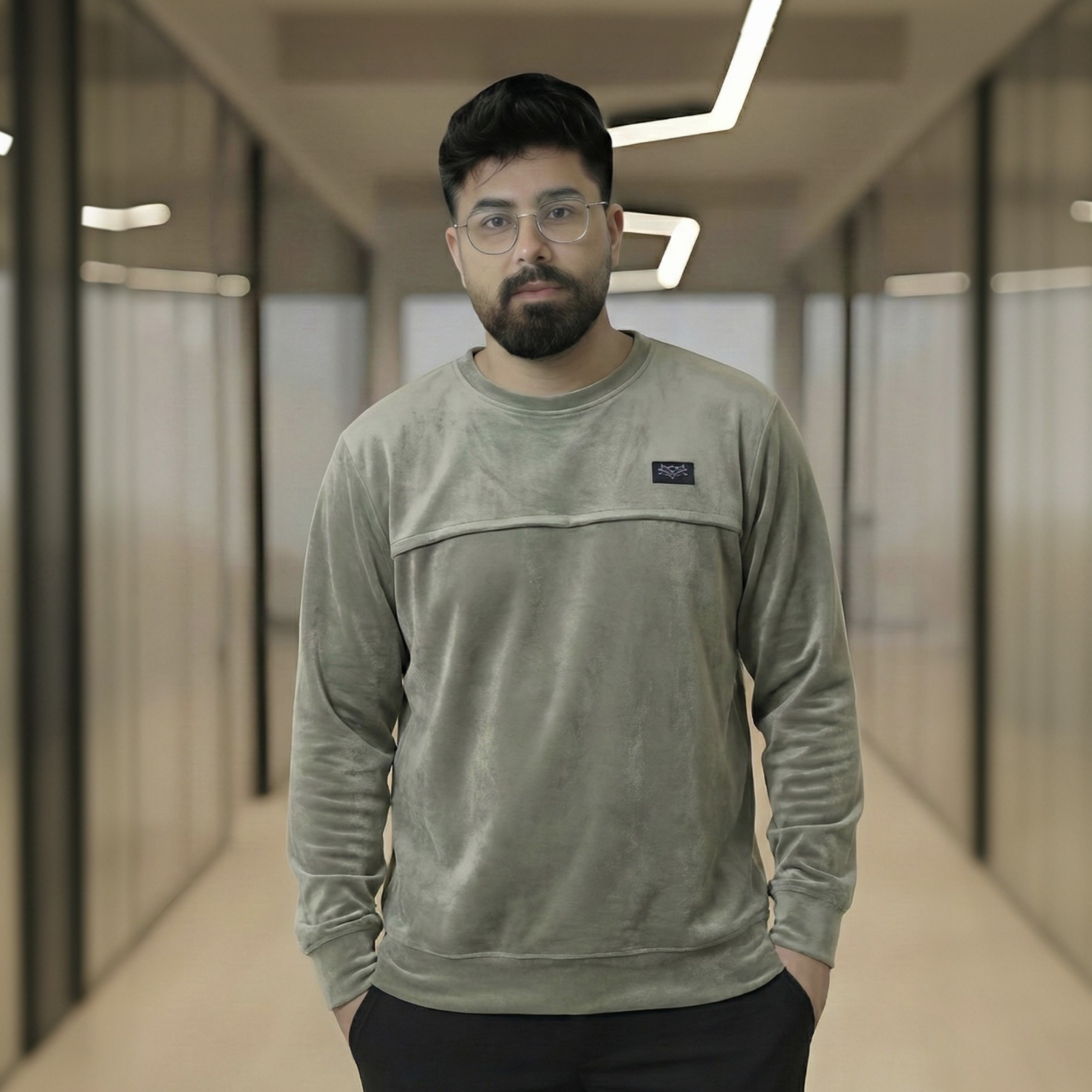 Men's Sage Green Velvet Crew Neck Sweatshirt - Image 3