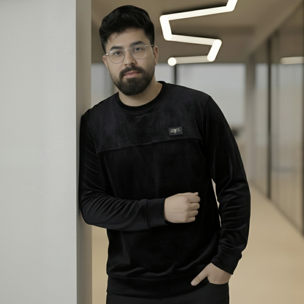 Men's Plush Black Velvet Crew Neck Sweatshirt - Image 3