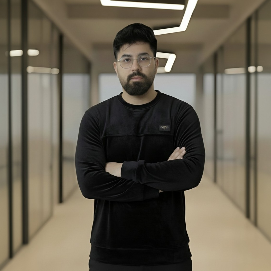 Men's Plush Black Velvet Crew Neck Sweatshirt - Image 2