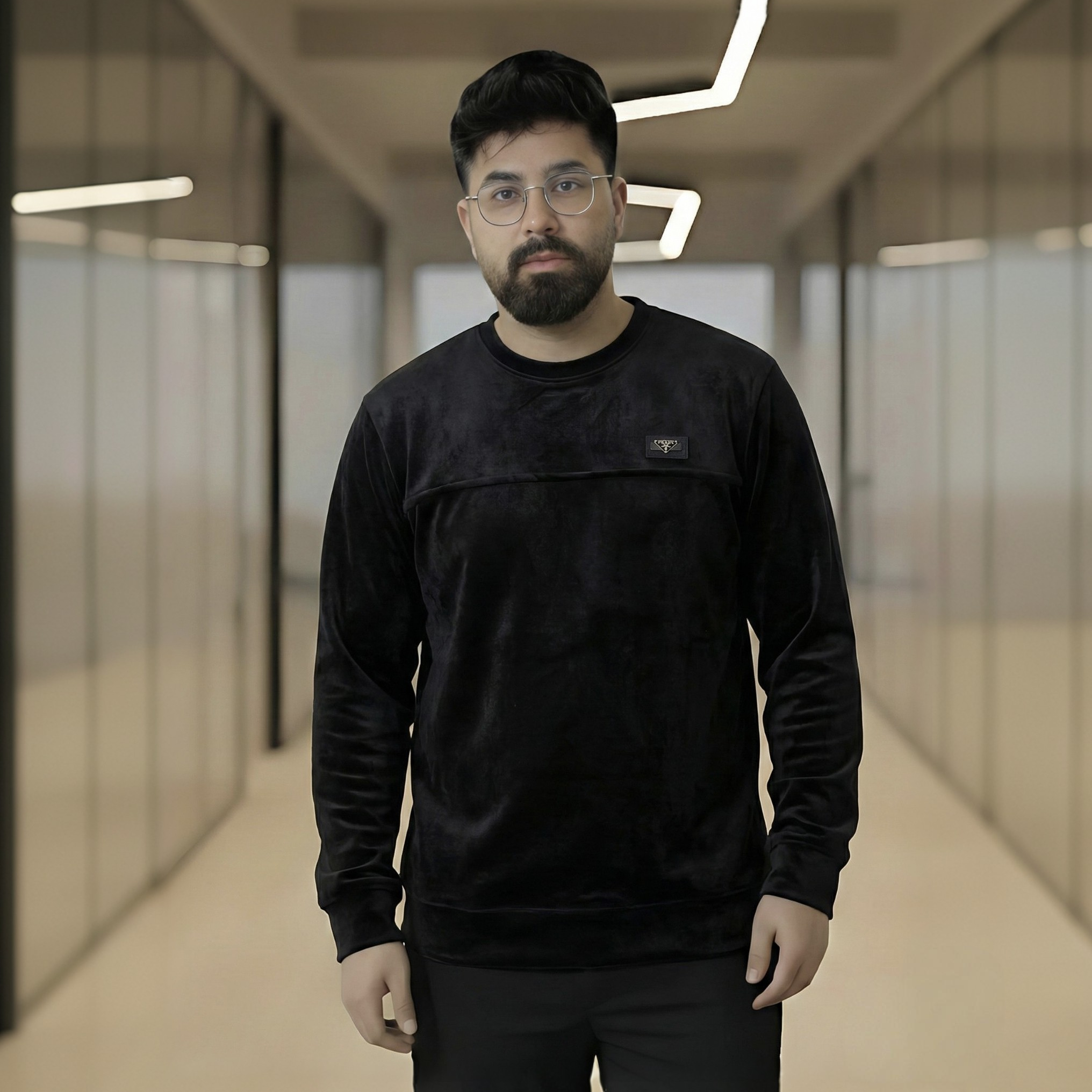 Men's Plush Black Velvet Crew Neck Sweatshirt