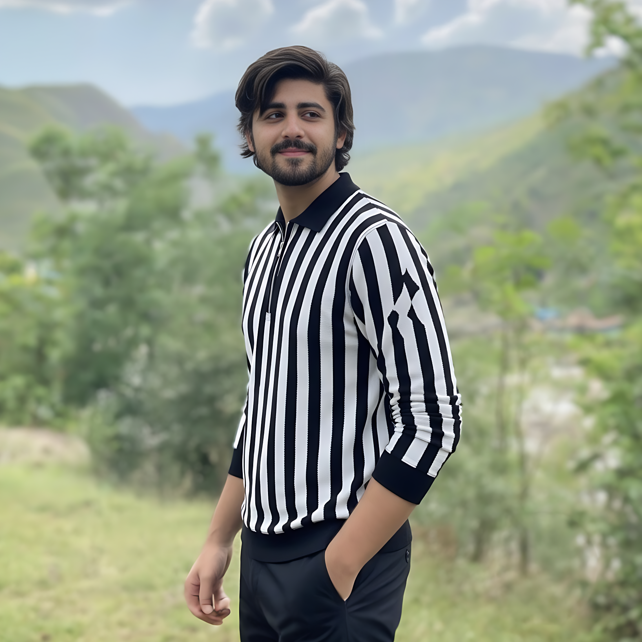 Men's Black & White Vertical Striped Quarter-Zip Collared Knit Sweat Shirt - Image 3